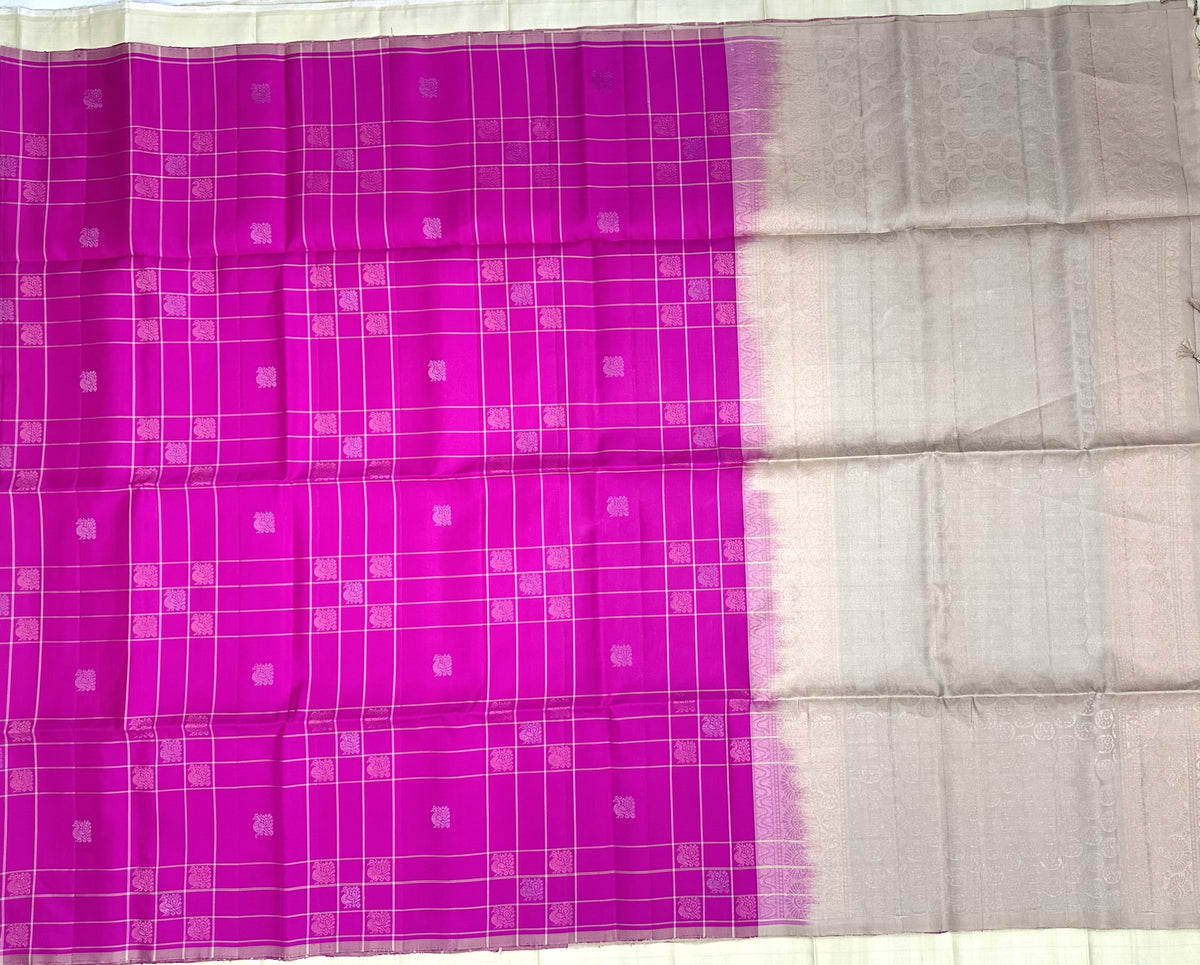 Rani pink geometric Soft Silk Saree with white Pallu