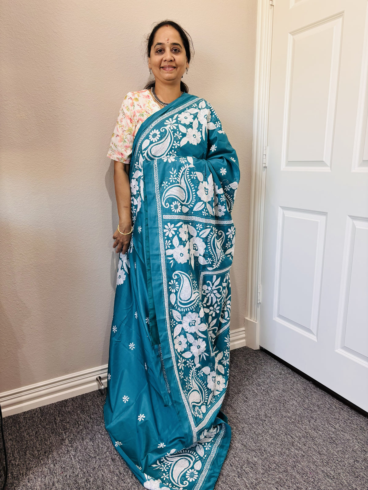 Teal Green Kantha work on Bangaluri  Silk Sari