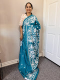 Teal Green Kantha work on Bangaluri  Silk Sari