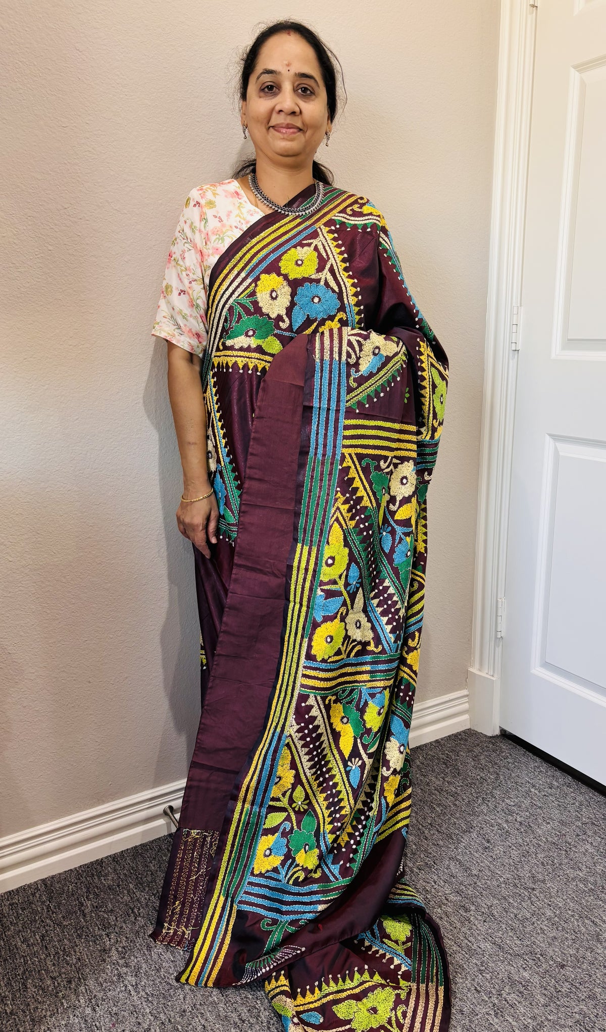 Deep brown Kantha work on Bangaluri  Silk Sari