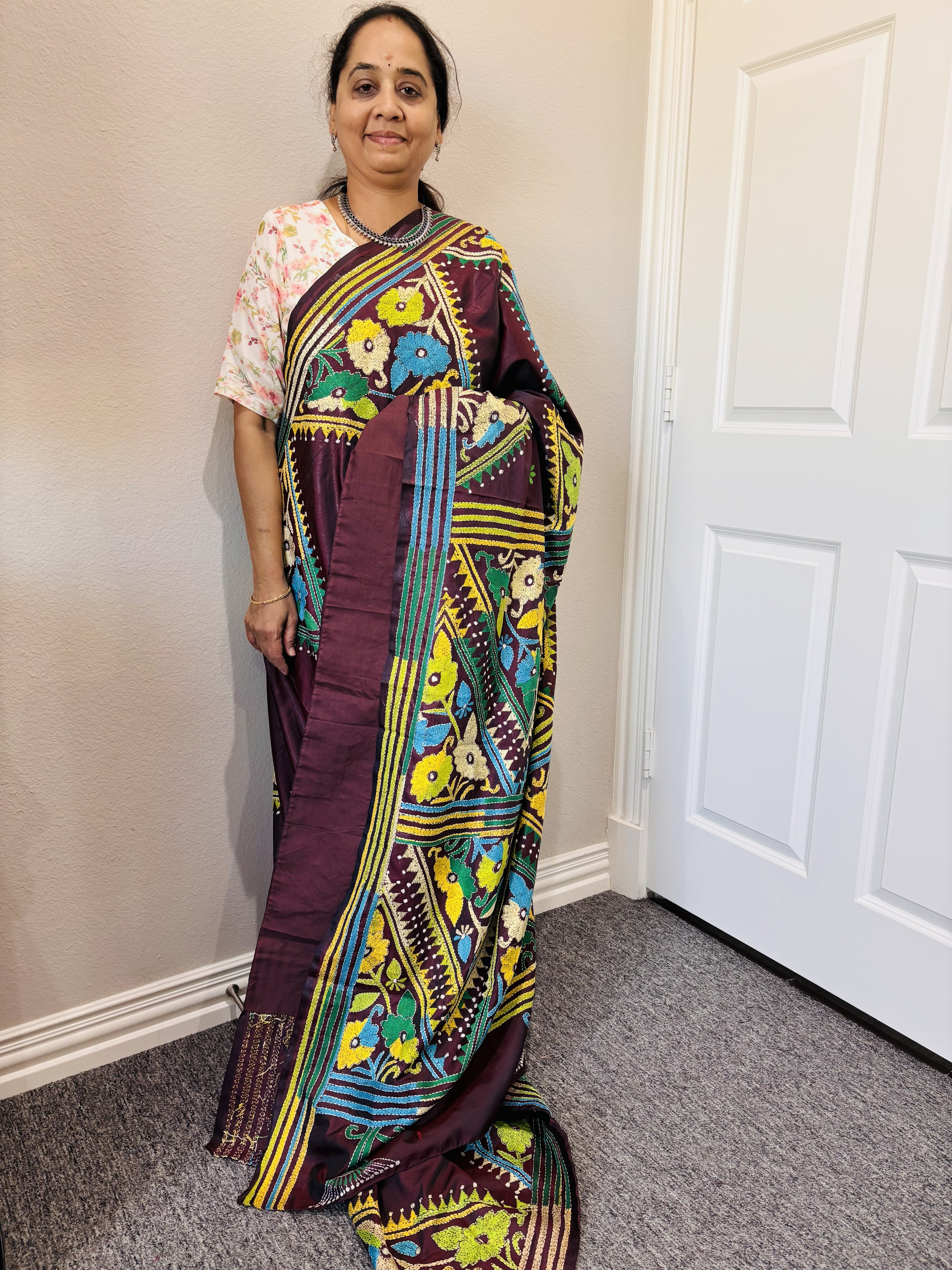 Deep brown Kantha work on Bangaluri  Silk Sari