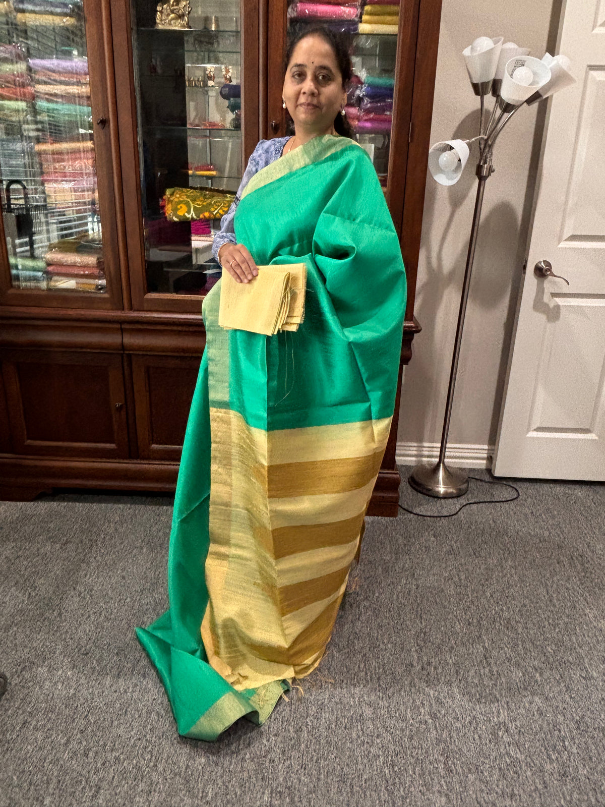 Sea green color raw silk saree with Beige pallu