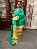 Sea green color raw silk saree with Beige pallu