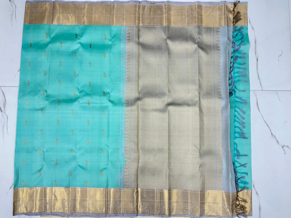 Fountain Blue Kanjivaram Saree with Silver Zari Pallu