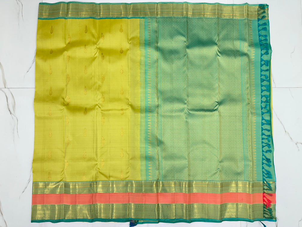 Light Olive Kanjivaram Saree with Sea Green Zari Pallu