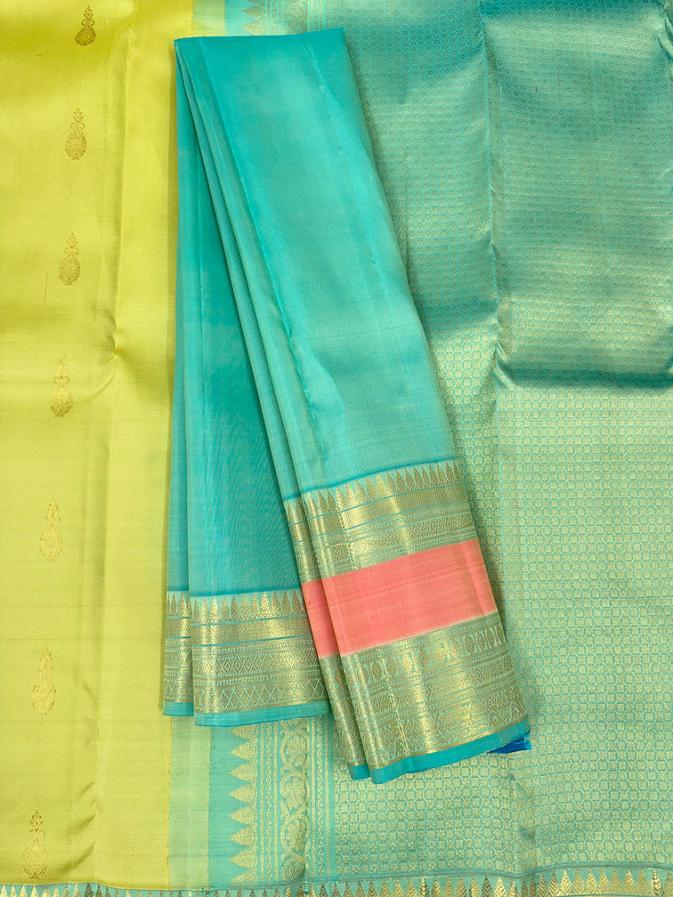 Light Olive Kanjivaram Saree with Sea Green Zari Pallu
