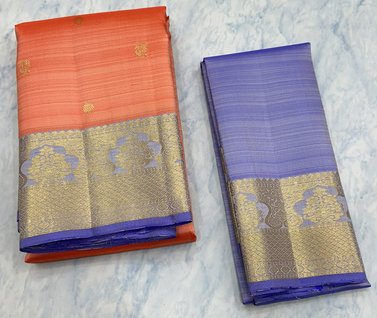 Coral Pink Kanjivaram Saree with Lavender Purple  and Golden Zari Border
