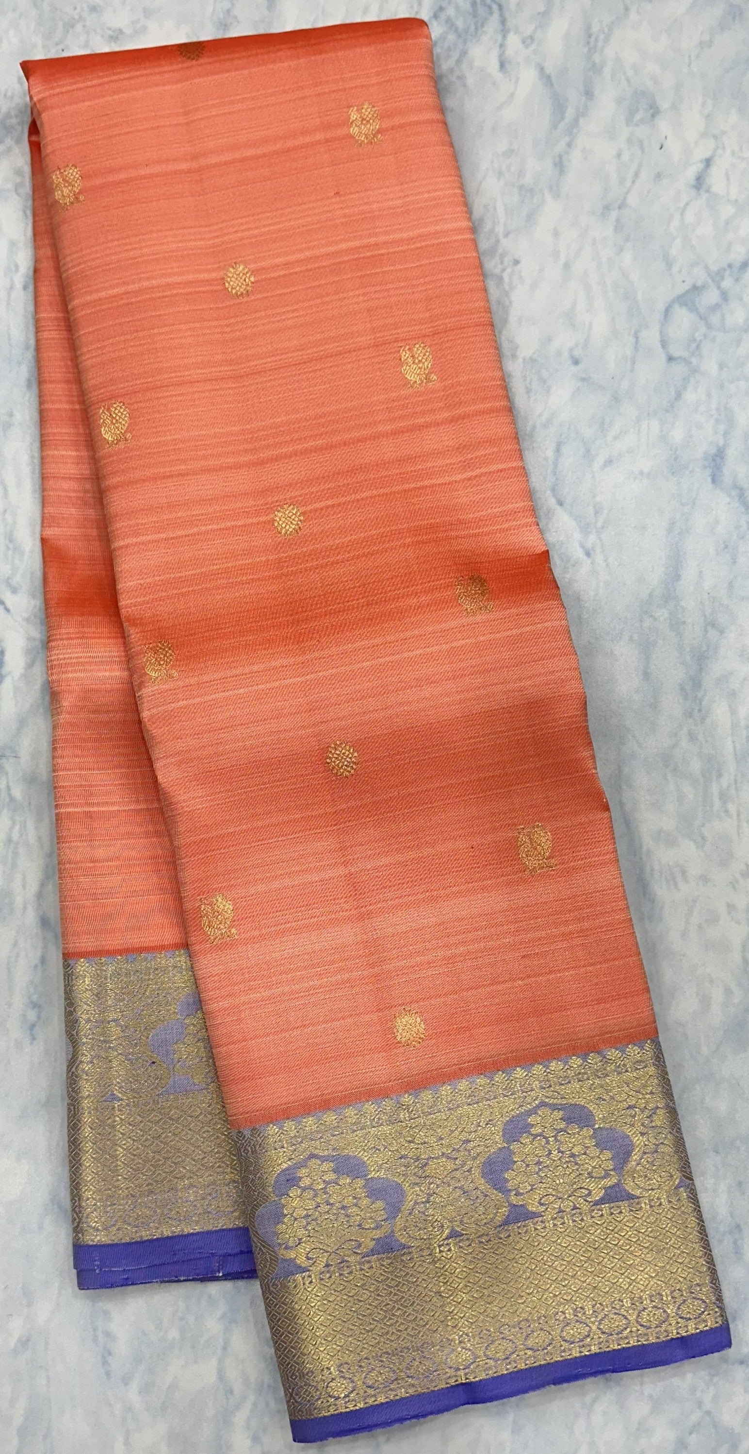 Coral Pink Kanjivaram Saree with Lavender Purple  and Golden Zari Border
