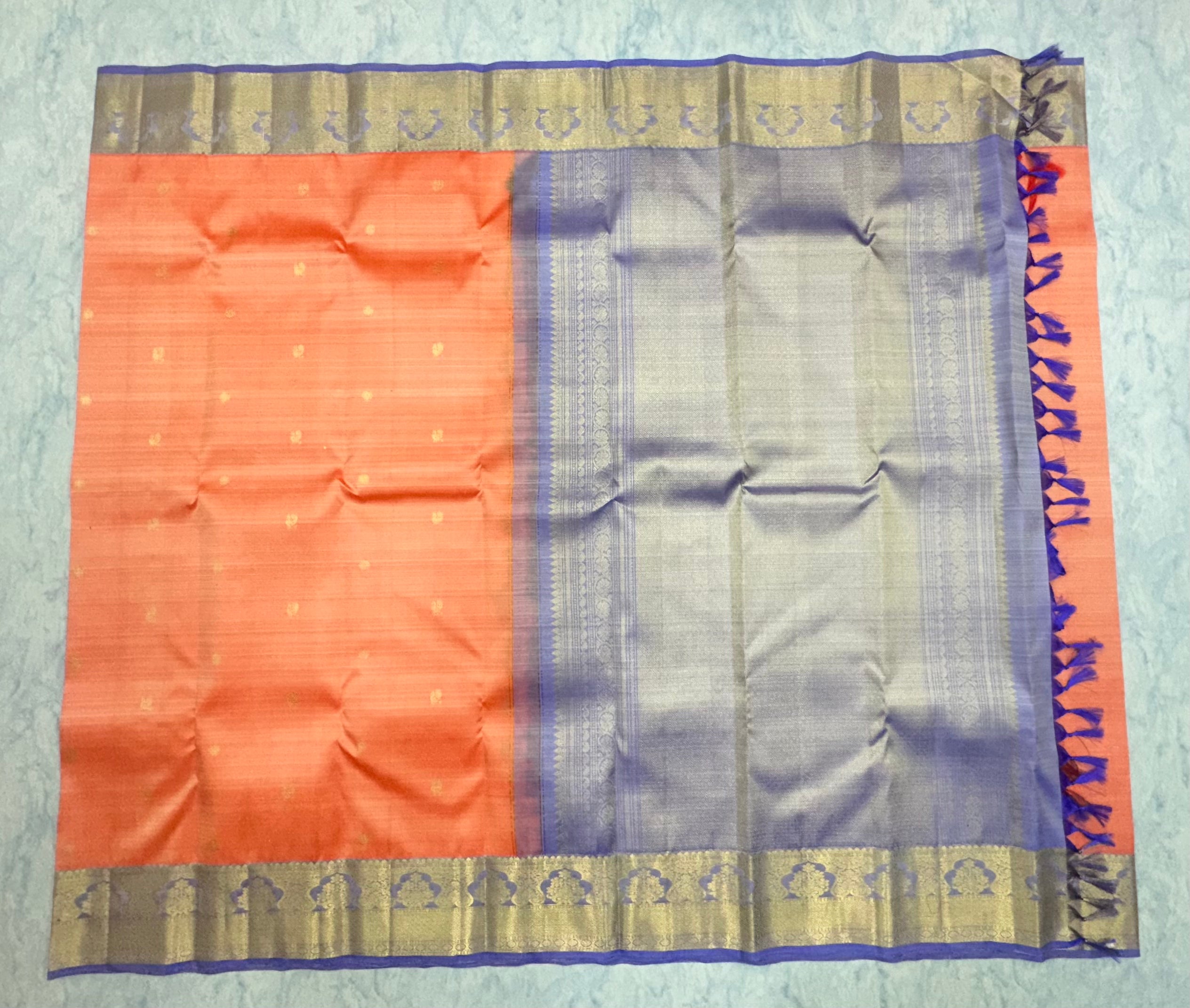 Coral Pink Kanjivaram Saree with Lavender Purple  and Golden Zari Border