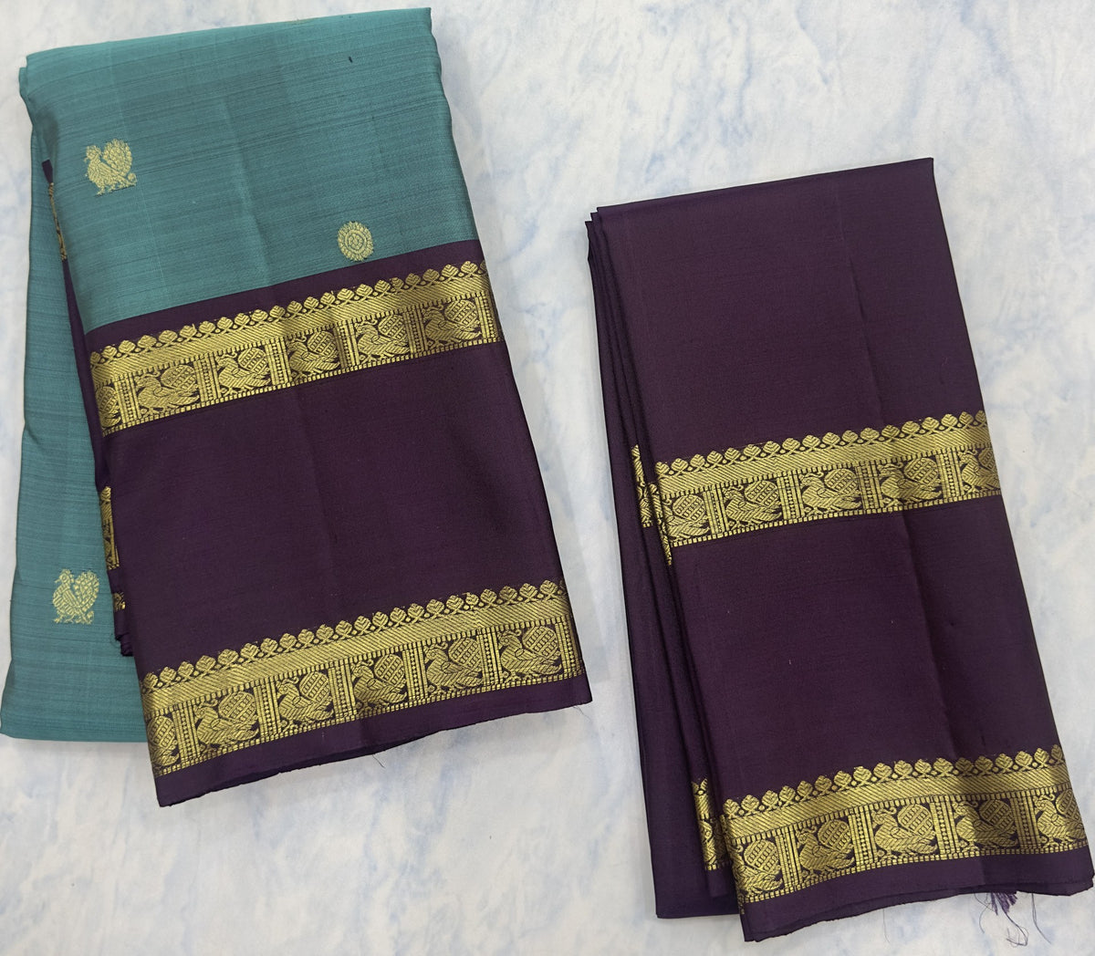 Peacock Blue Kanjivaram Saree with Deep Wine Grape Border