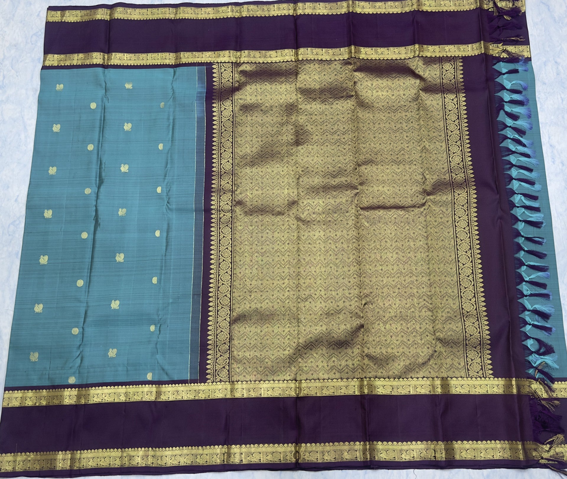 Peacock Blue Kanjivaram Saree with Deep Wine Grape Border