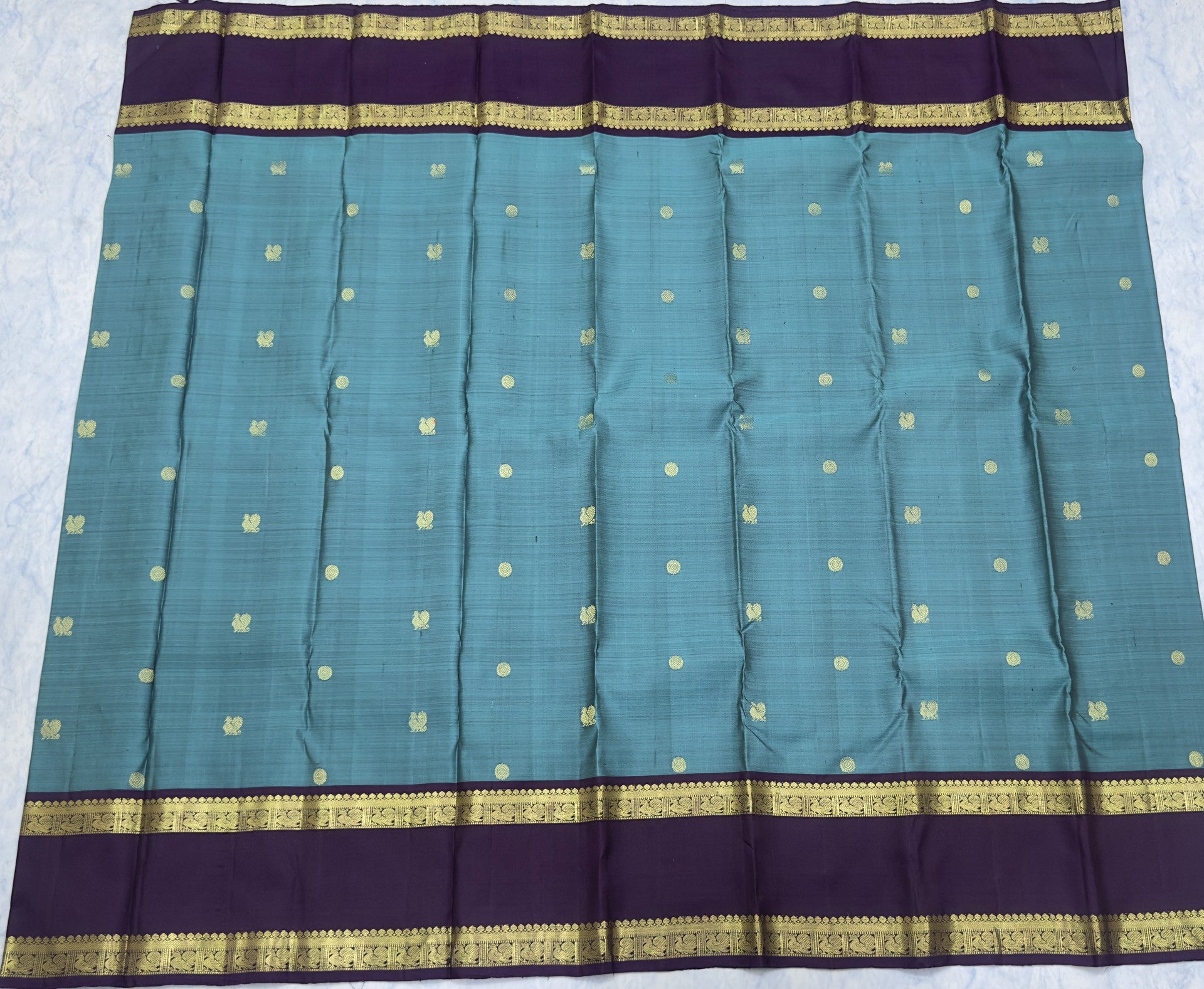 Peacock Blue Kanjivaram Saree with Deep Wine Grape Border