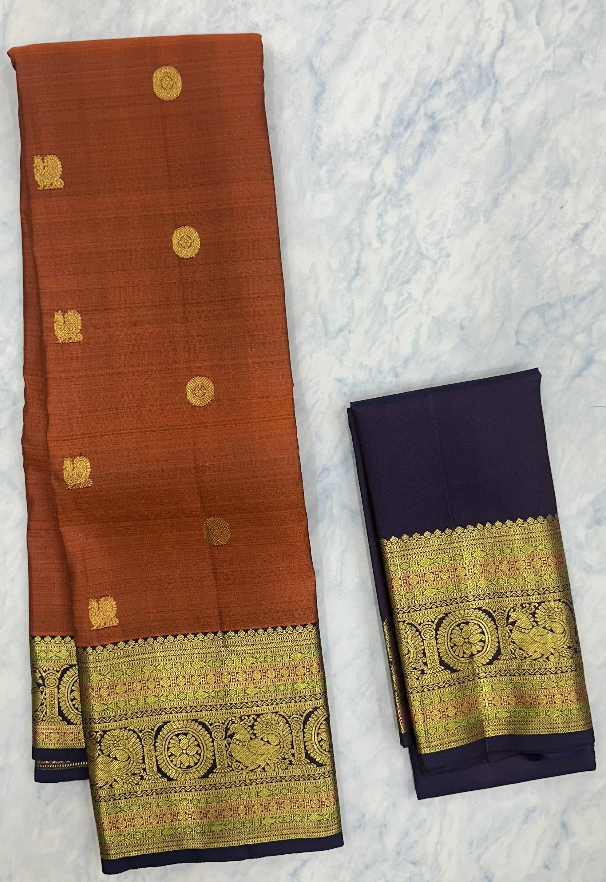 Rust Orange Kanjivaram Saree Golden Zari Border