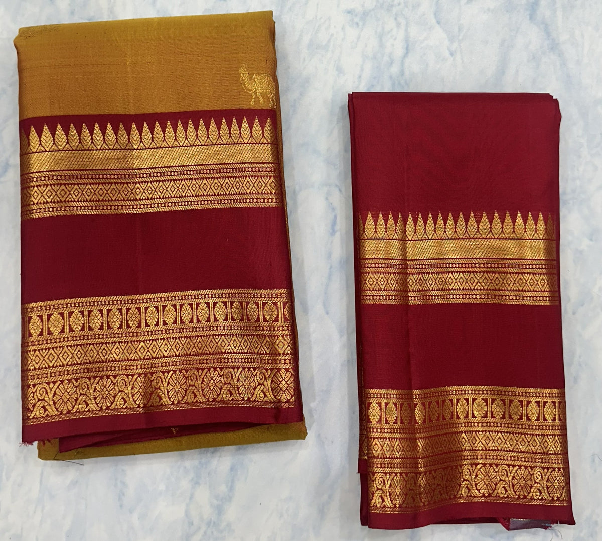 Mustard Orange Kanjivaram Saree with Deep Maroon and Golden Zari Border