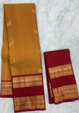 Mustard Orange Kanjivaram Saree with Deep Maroon and Golden Zari Border