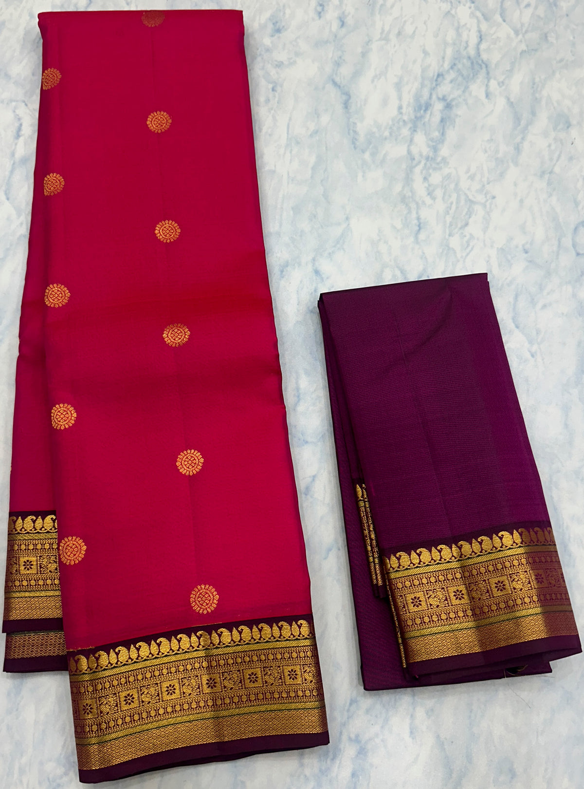 Dark Pink Kanjivaram Saree with  Purple Zari Border