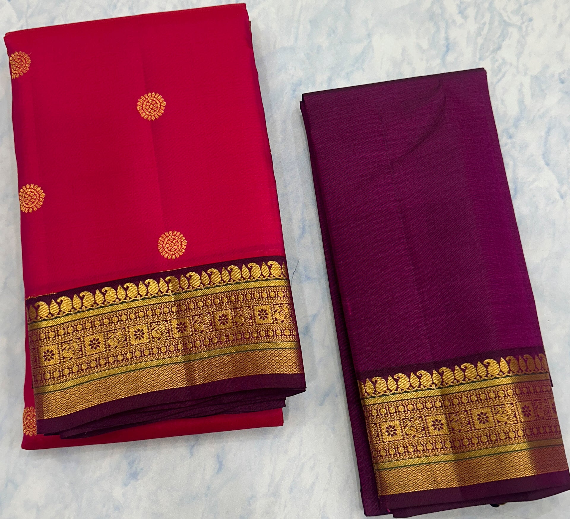 Dark Pink Kanjivaram Saree with  Purple Zari Border