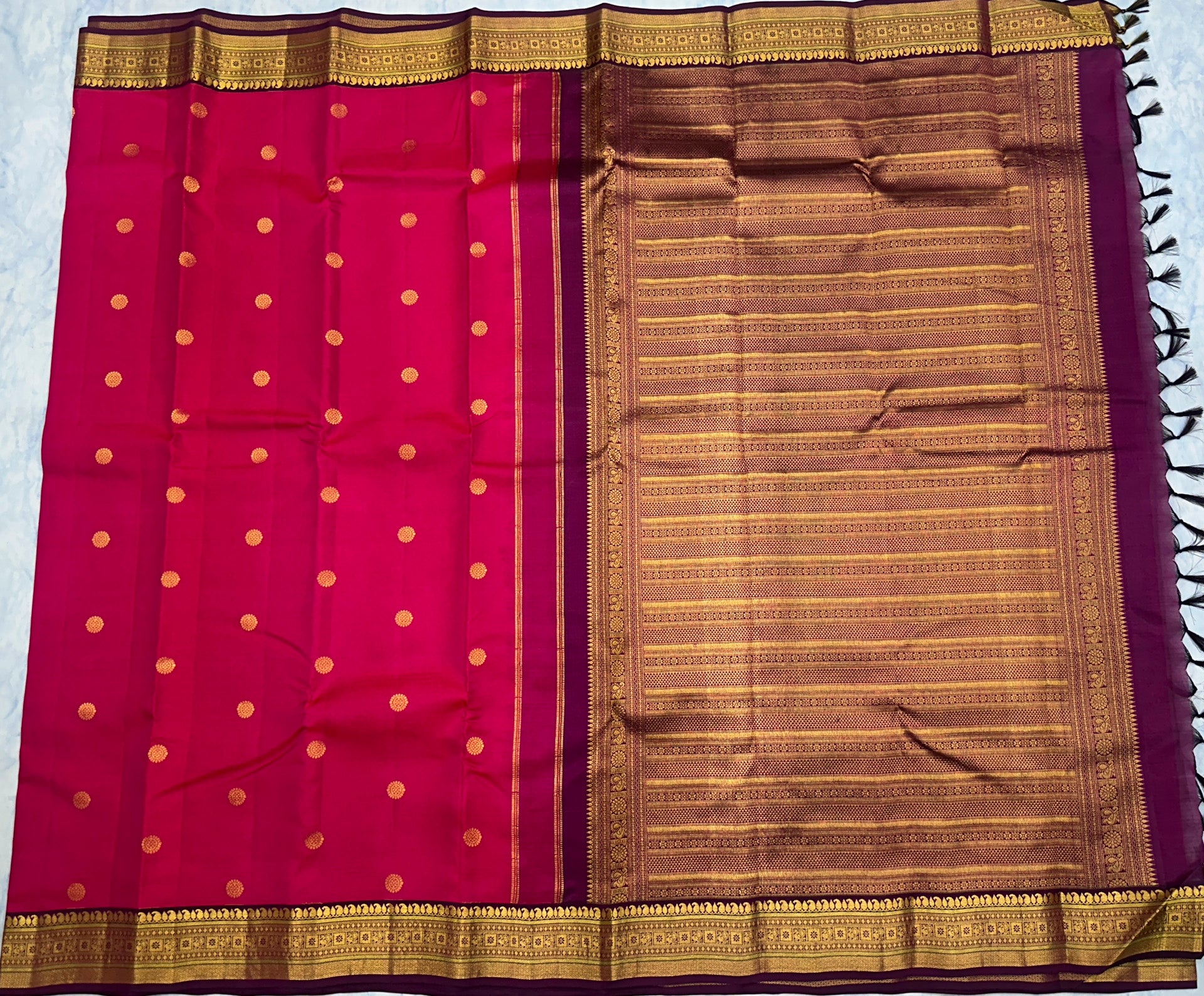 Dark Pink Kanjivaram Saree with  Purple Zari Border