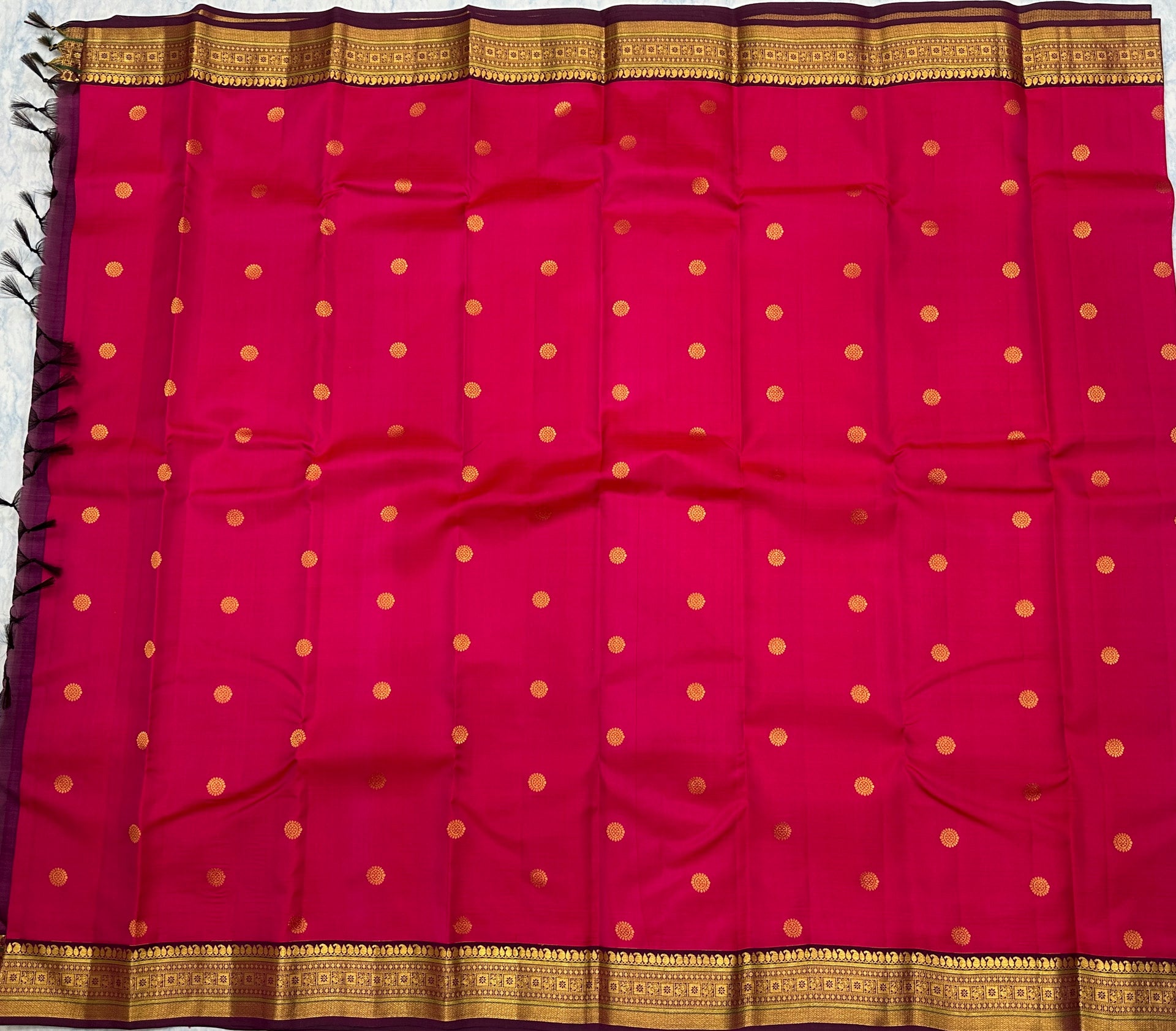Dark Pink Kanjivaram Saree with  Purple Zari Border