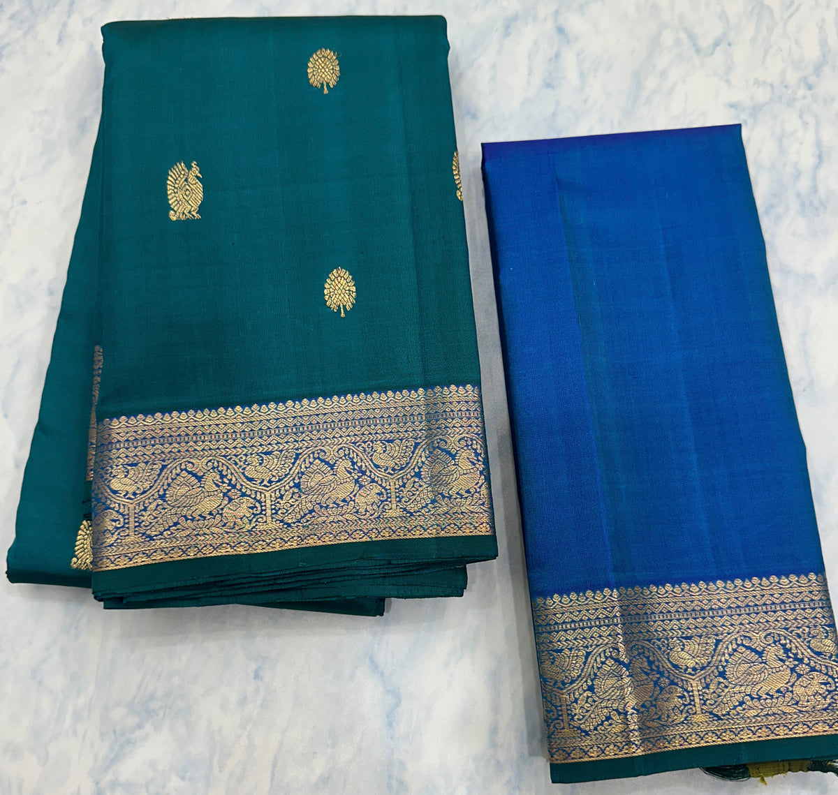 Peacock teal and Royal Blue Kanjivaram Saree with  Antique gold Zari Border