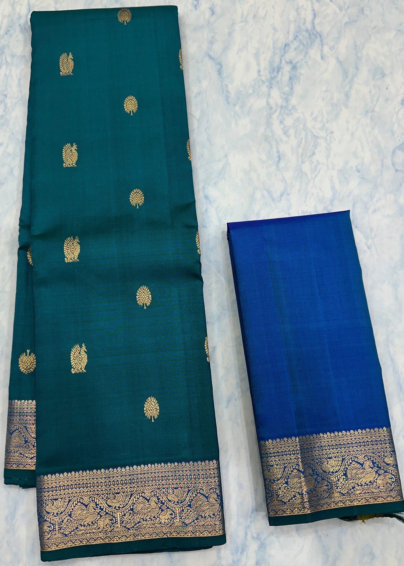 Peacock teal and Royal Blue Kanjivaram Saree with  Antique gold Zari Border