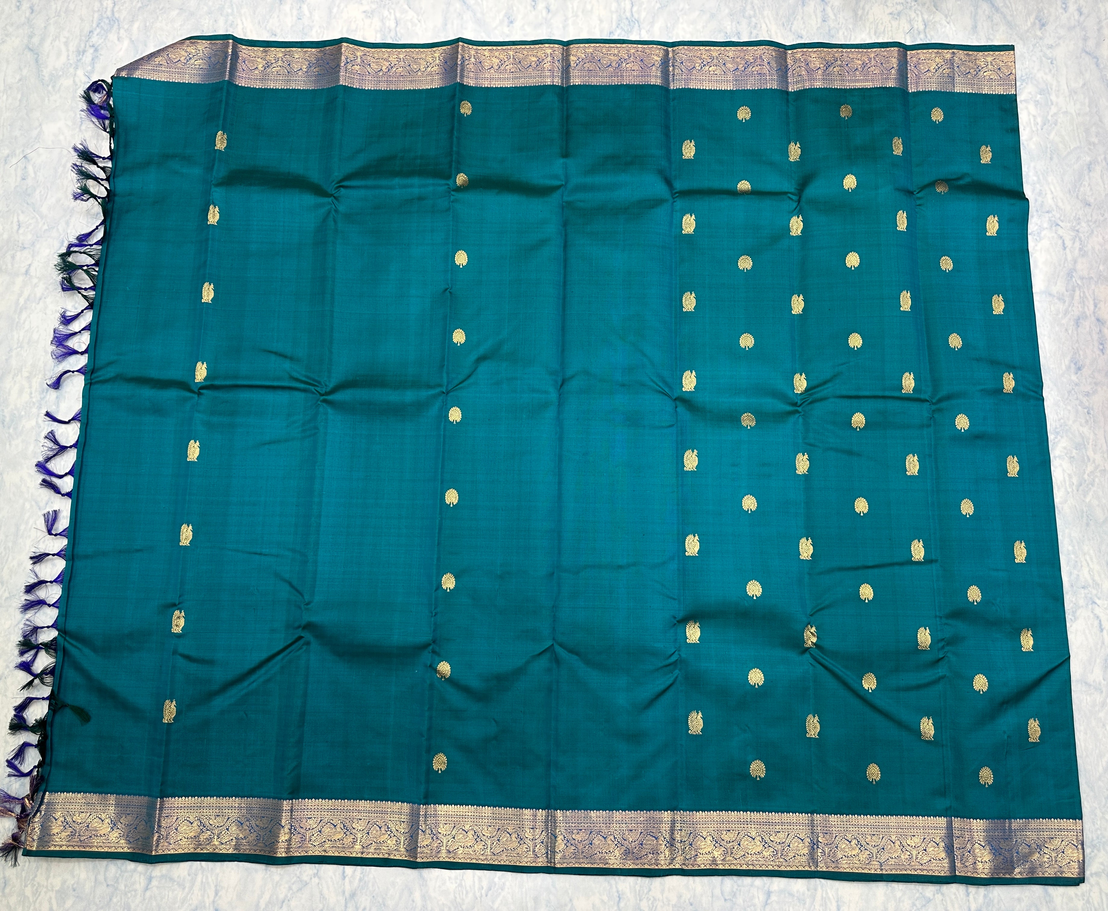 Peacock teal and Royal Blue Kanjivaram Saree with  Antique gold Zari Border
