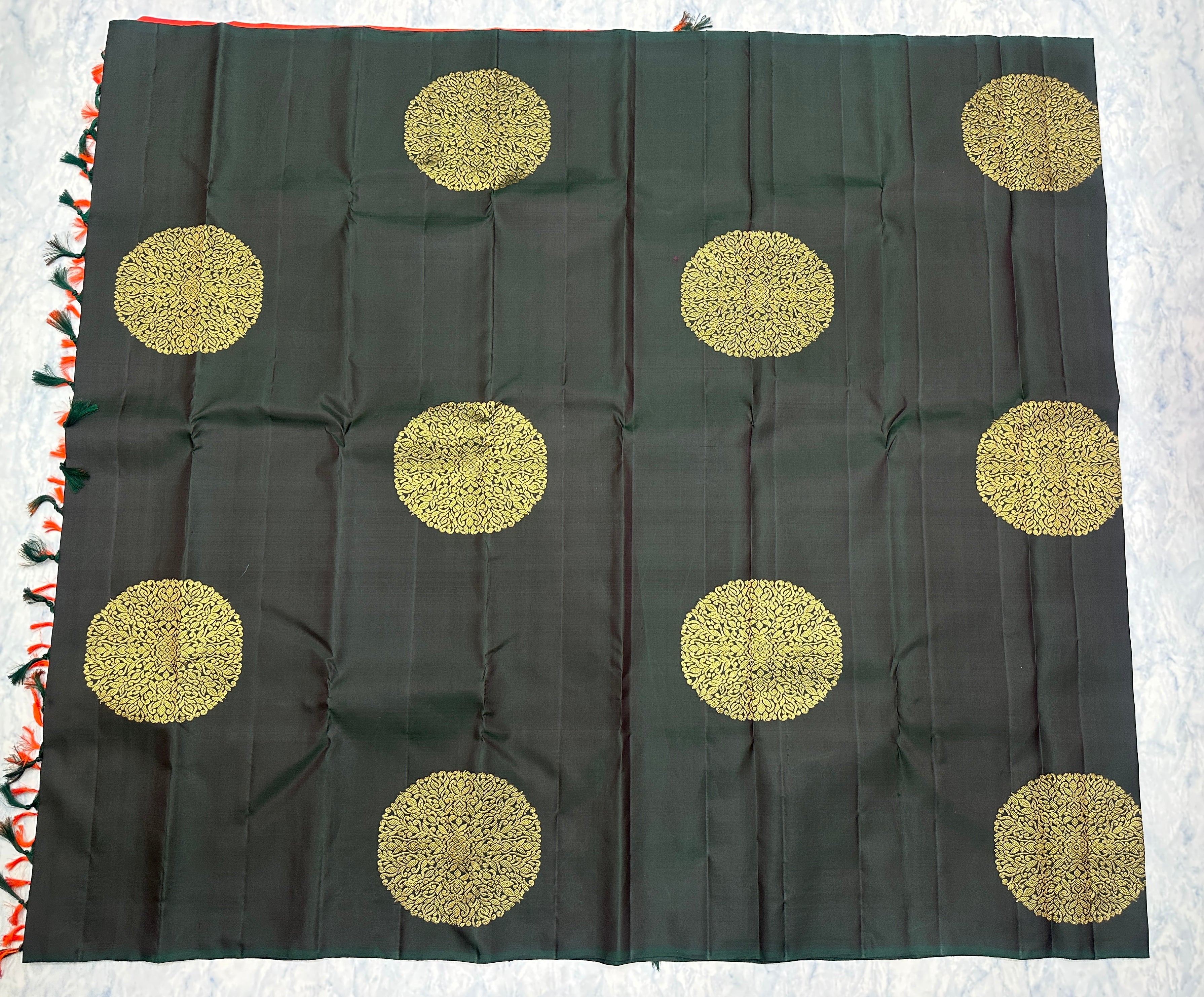 Dark Green Kanjivaram Saree with Emerald Red Pallu