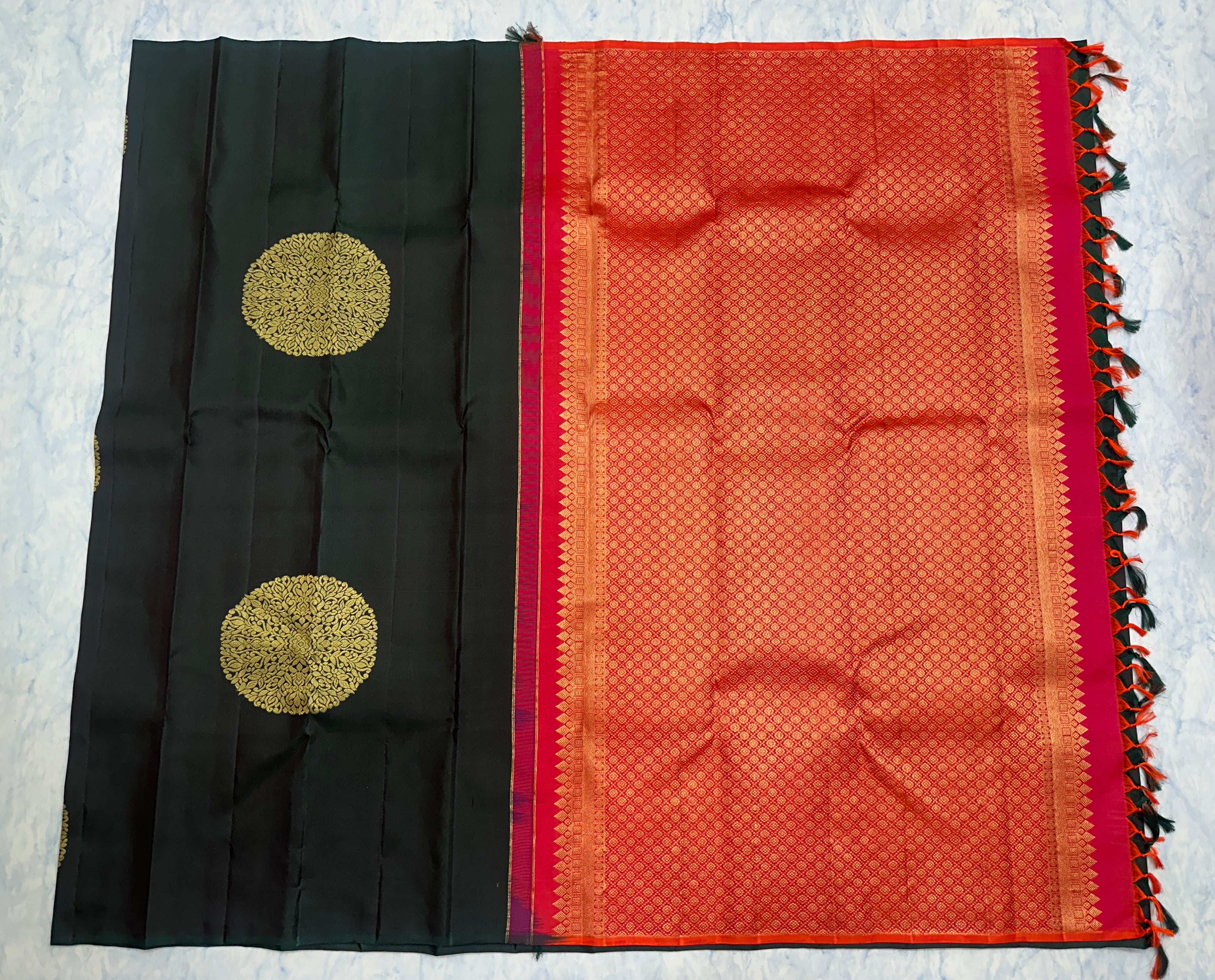 Dark Green Kanjivaram Saree with Emerald Red Pallu