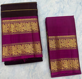 Dark Maroon Kanjivaram Saree with  Rani Pink and gold Zari Border