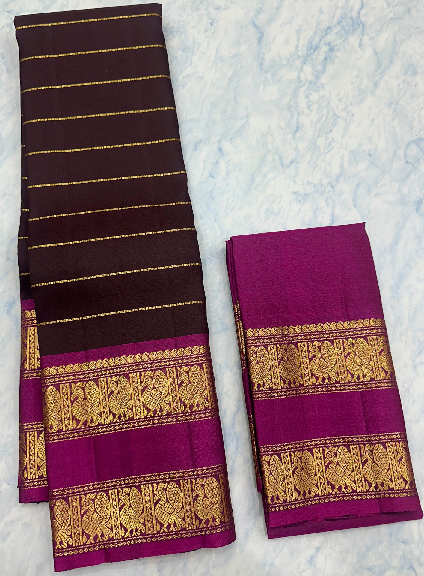 Dark Maroon Kanjivaram Saree with  Rani Pink and gold Zari Border