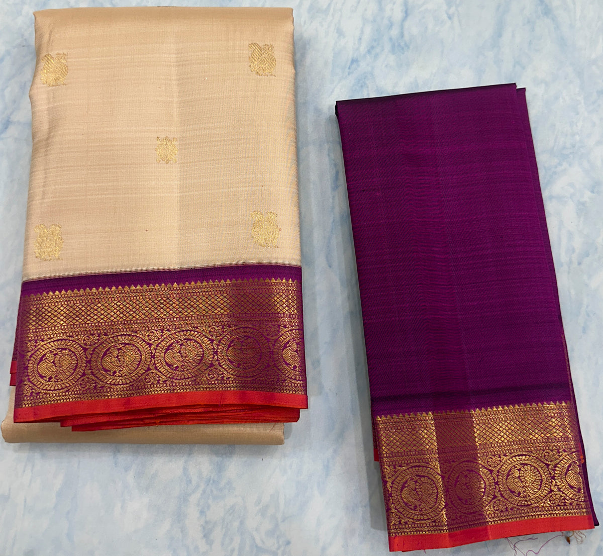 Beige Kanjivaram Saree with Purple Border