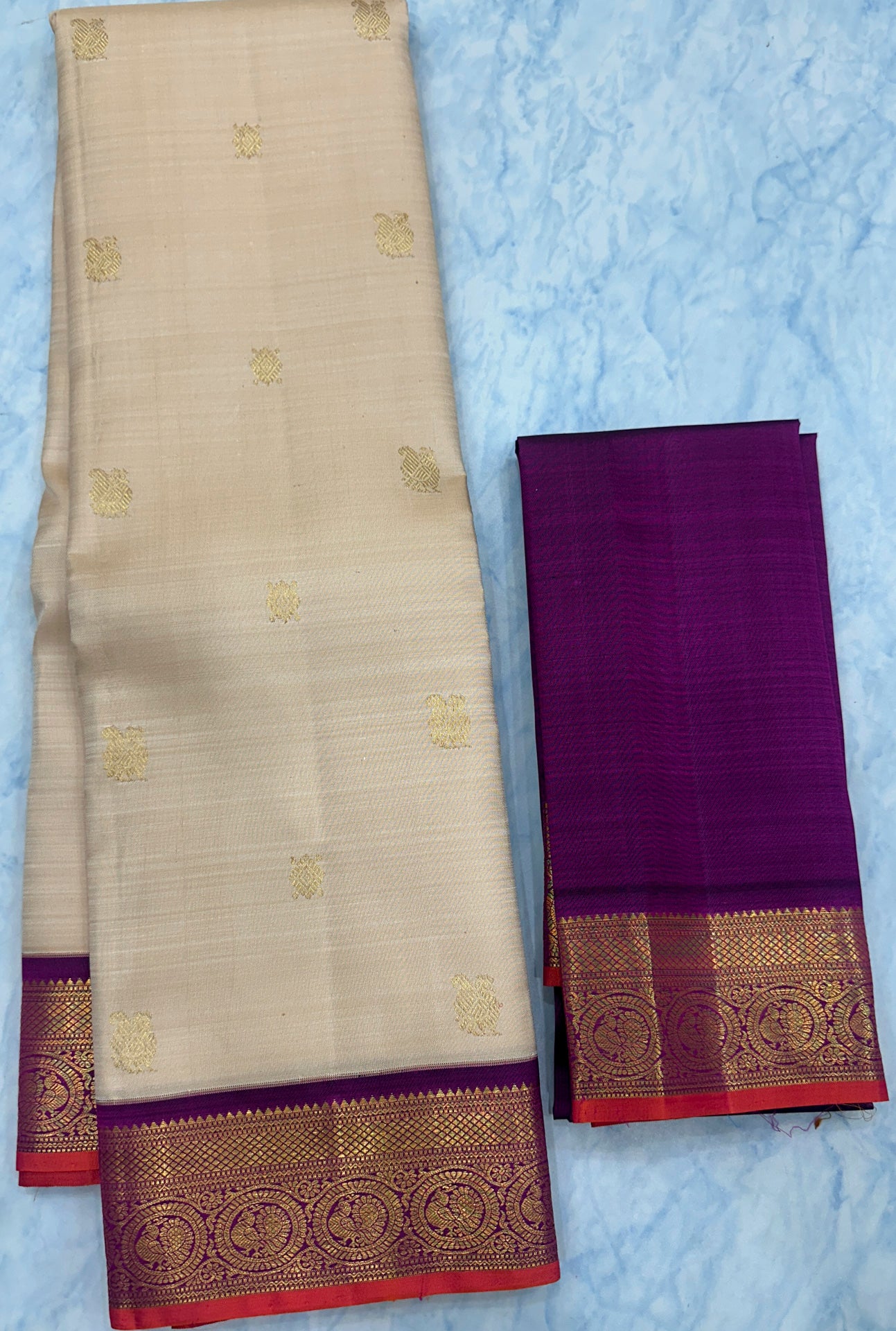 Beige Kanjivaram Saree with Purple Border
