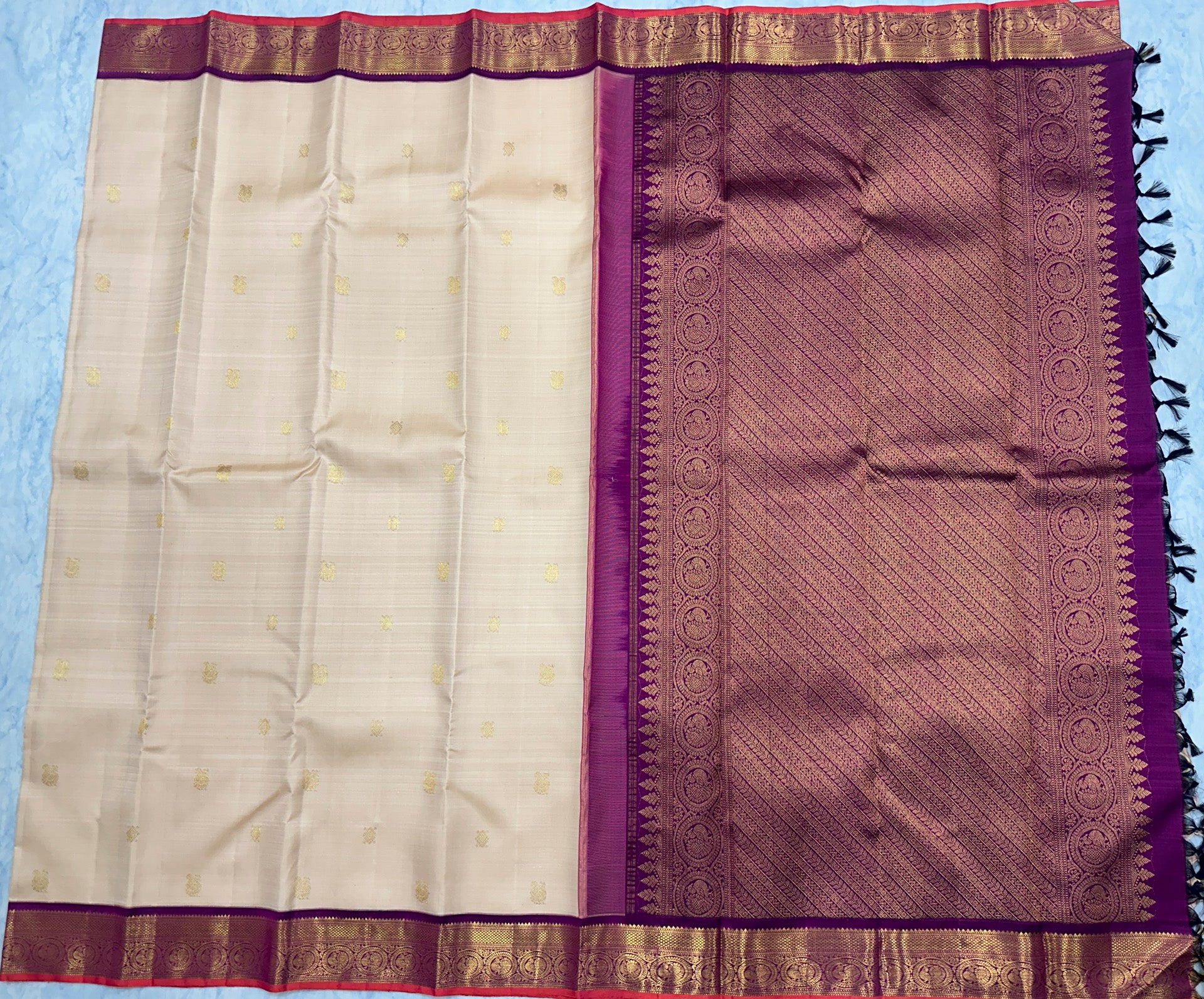 Beige Kanjivaram Saree with Purple Border