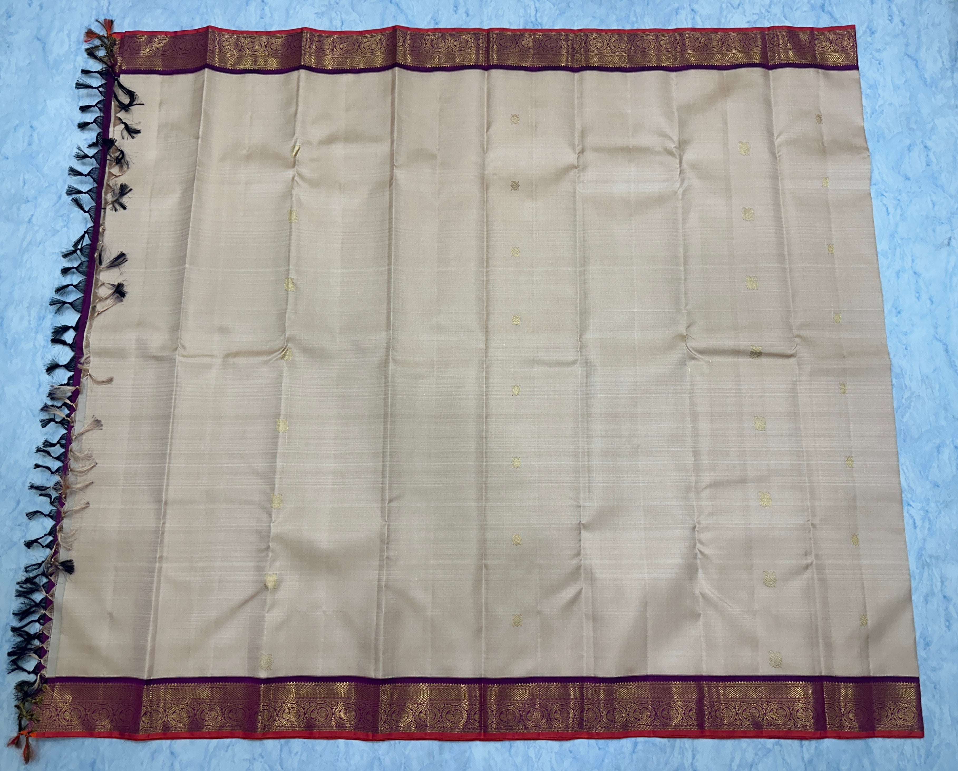 Beige Kanjivaram Saree with Purple Border