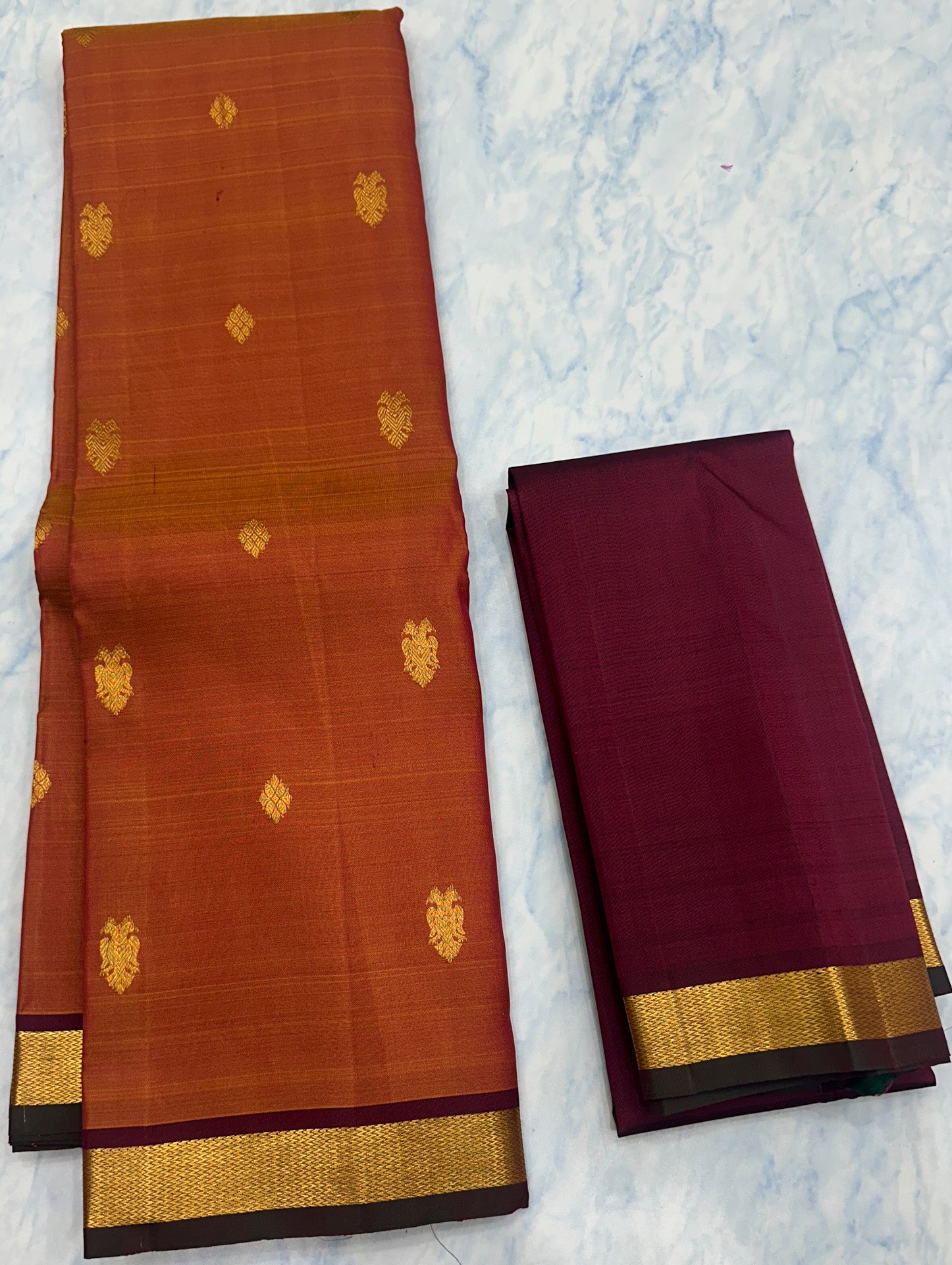 Rust Orange Kanjivaram Saree with Maroon Border