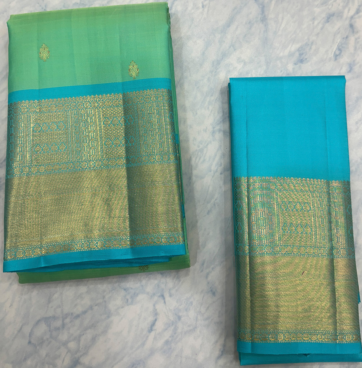 Mint Green Kanjivaram Saree with Golden Zari Border
