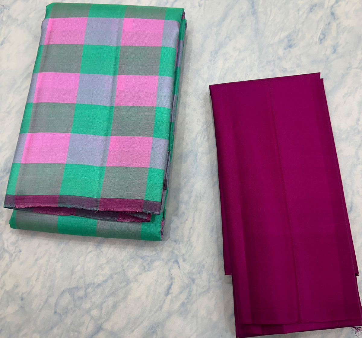 Mint Green with pink checks Kanjivaram Saree