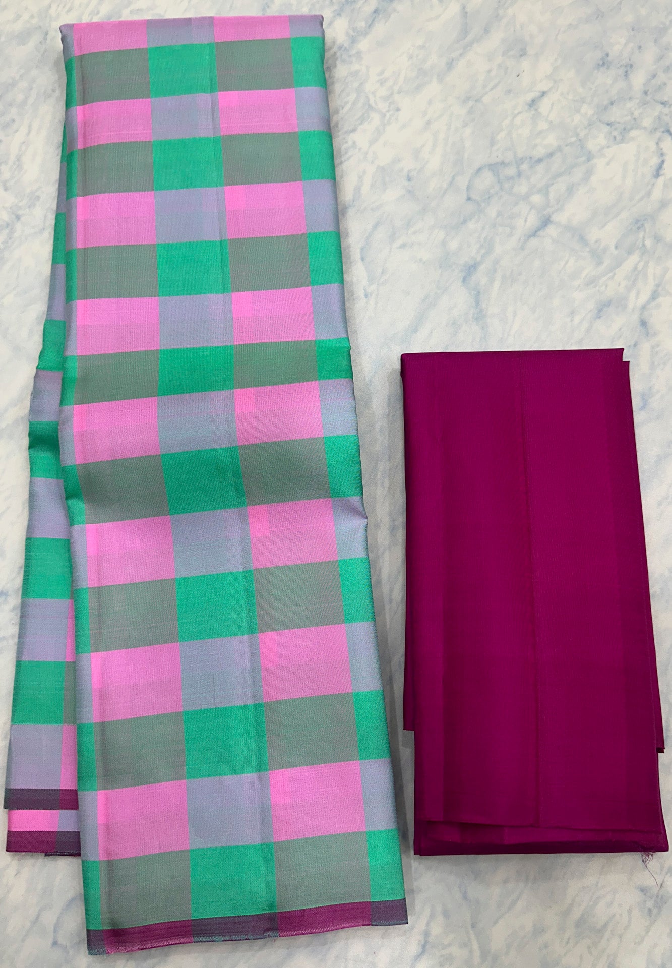 Mint Green with pink checks Kanjivaram Saree