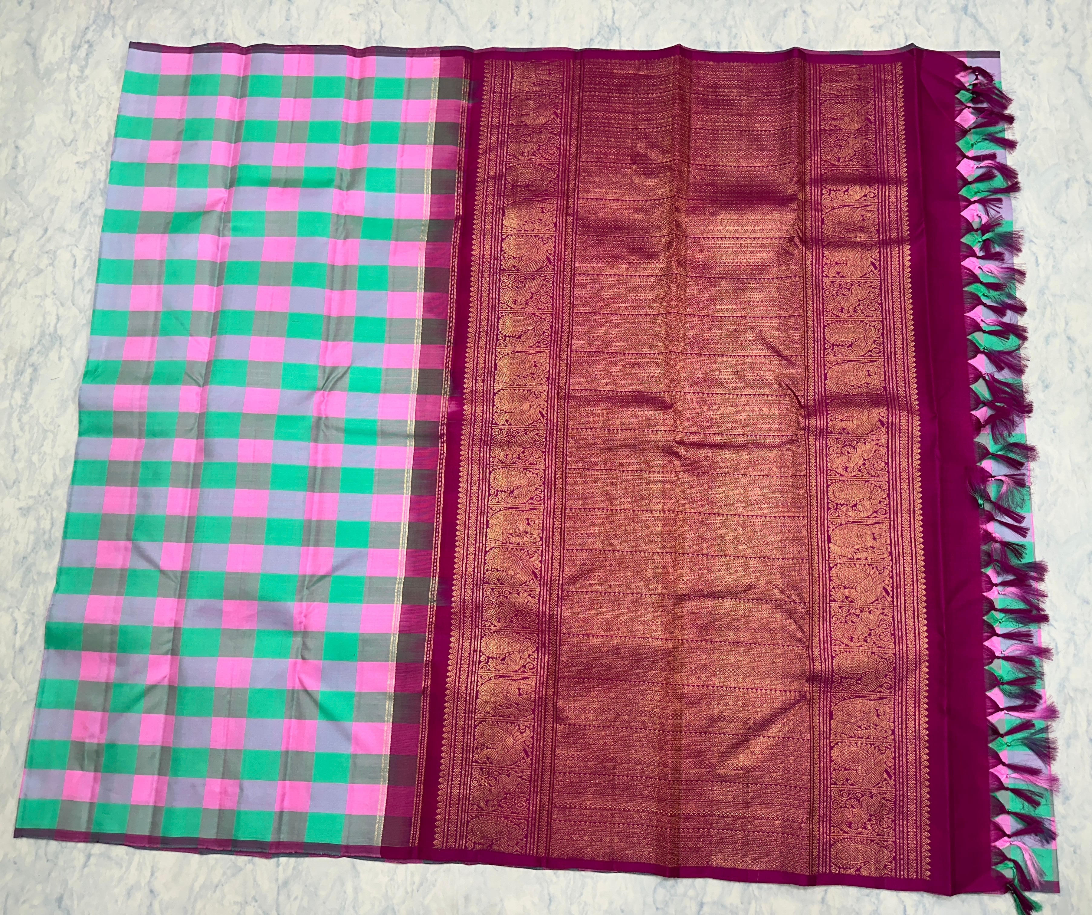 Mint Green with pink checks Kanjivaram Saree