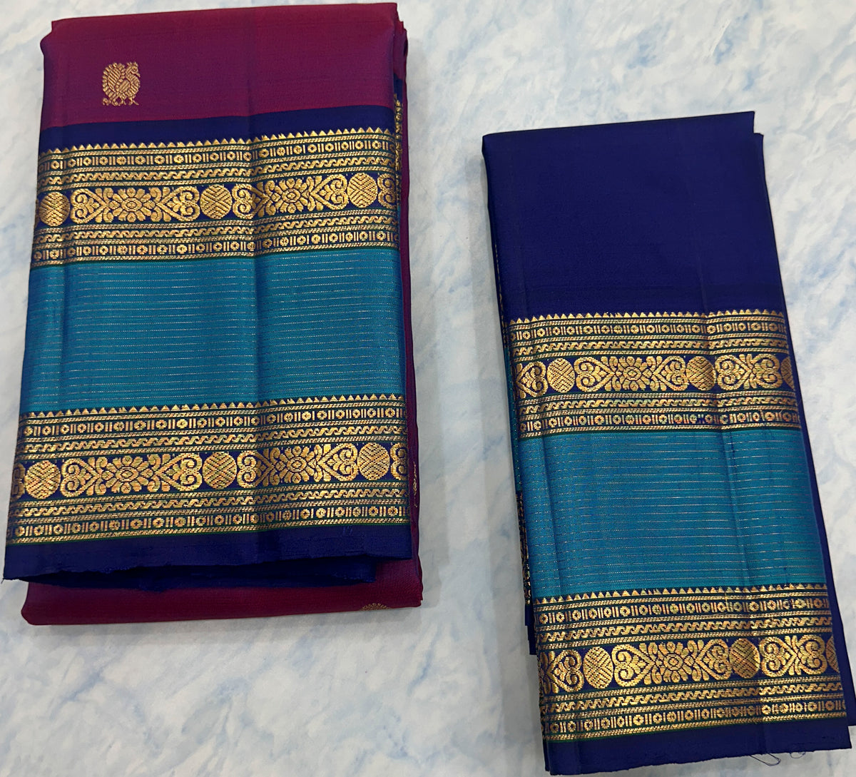 Purple Kanjivaram Saree with Royal Blue and golden Zari Border