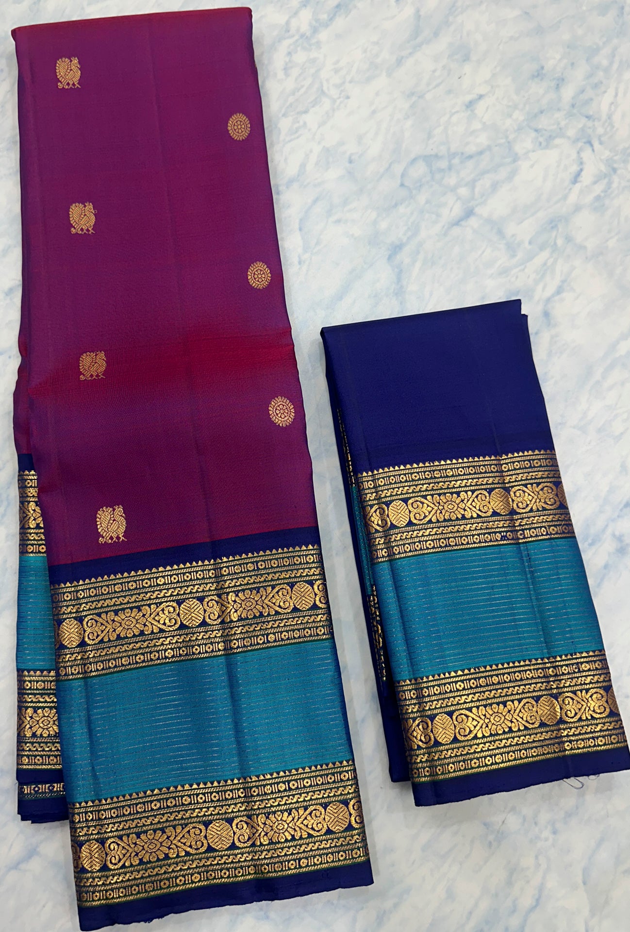 Purple Kanjivaram Saree with Royal Blue and golden Zari Border