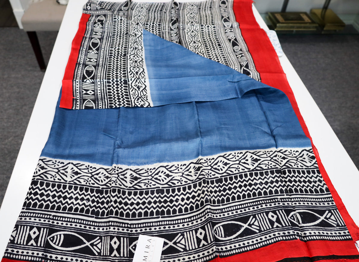 Midnight Blue with Black print Bengal Silk Saree