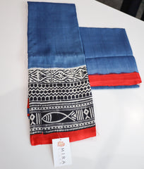 Midnight Blue with Black print Bengal Silk Saree