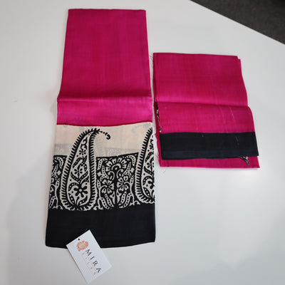 Hot pink with black paisley print Bengal Silk Saree