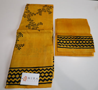 Mustard Yellow with Black print Bengal Silk Saree