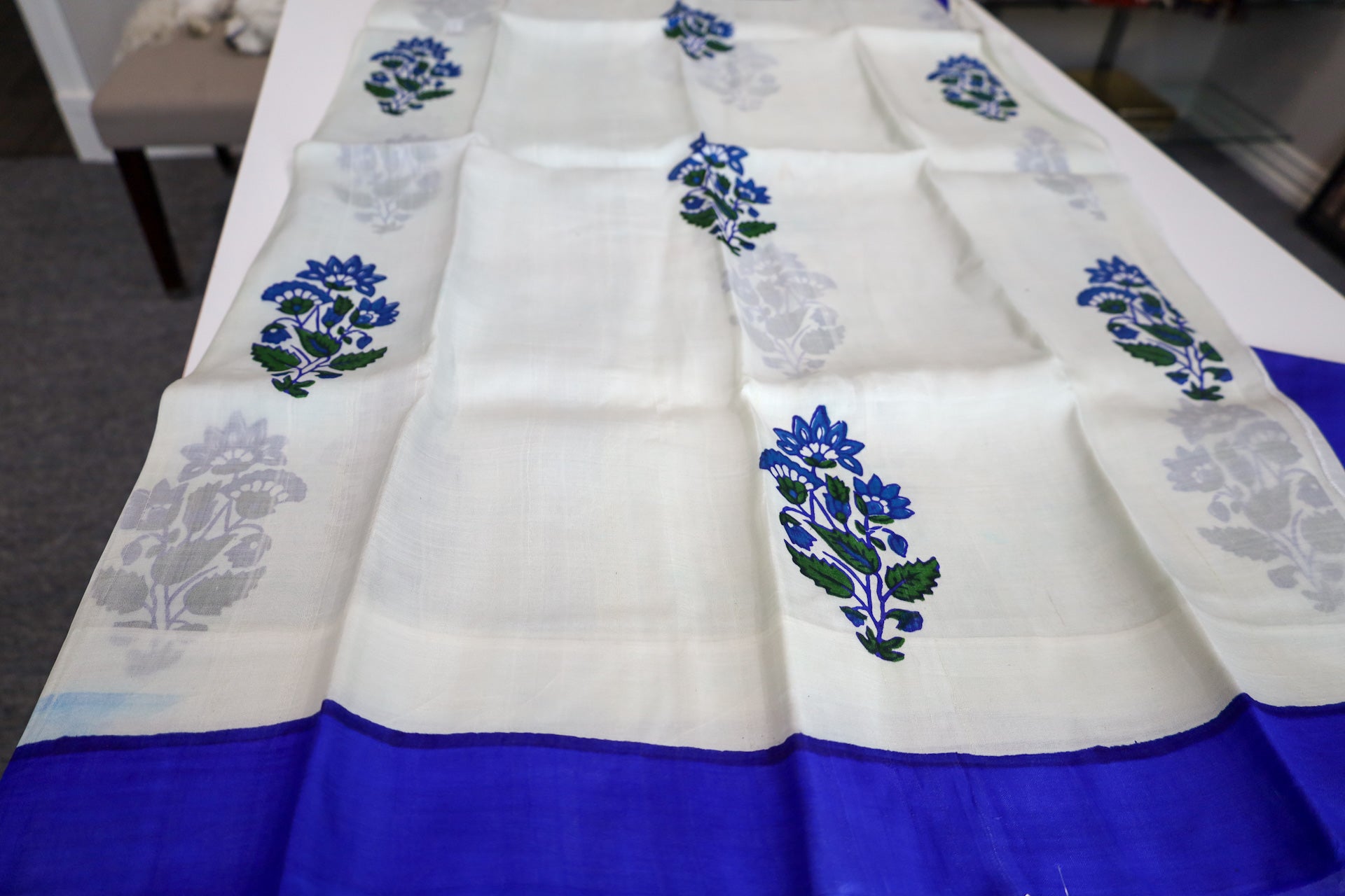 White with Royal Blue Floral print Bengal Silk Saree