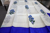 White with Royal Blue Floral print Bengal Silk Saree