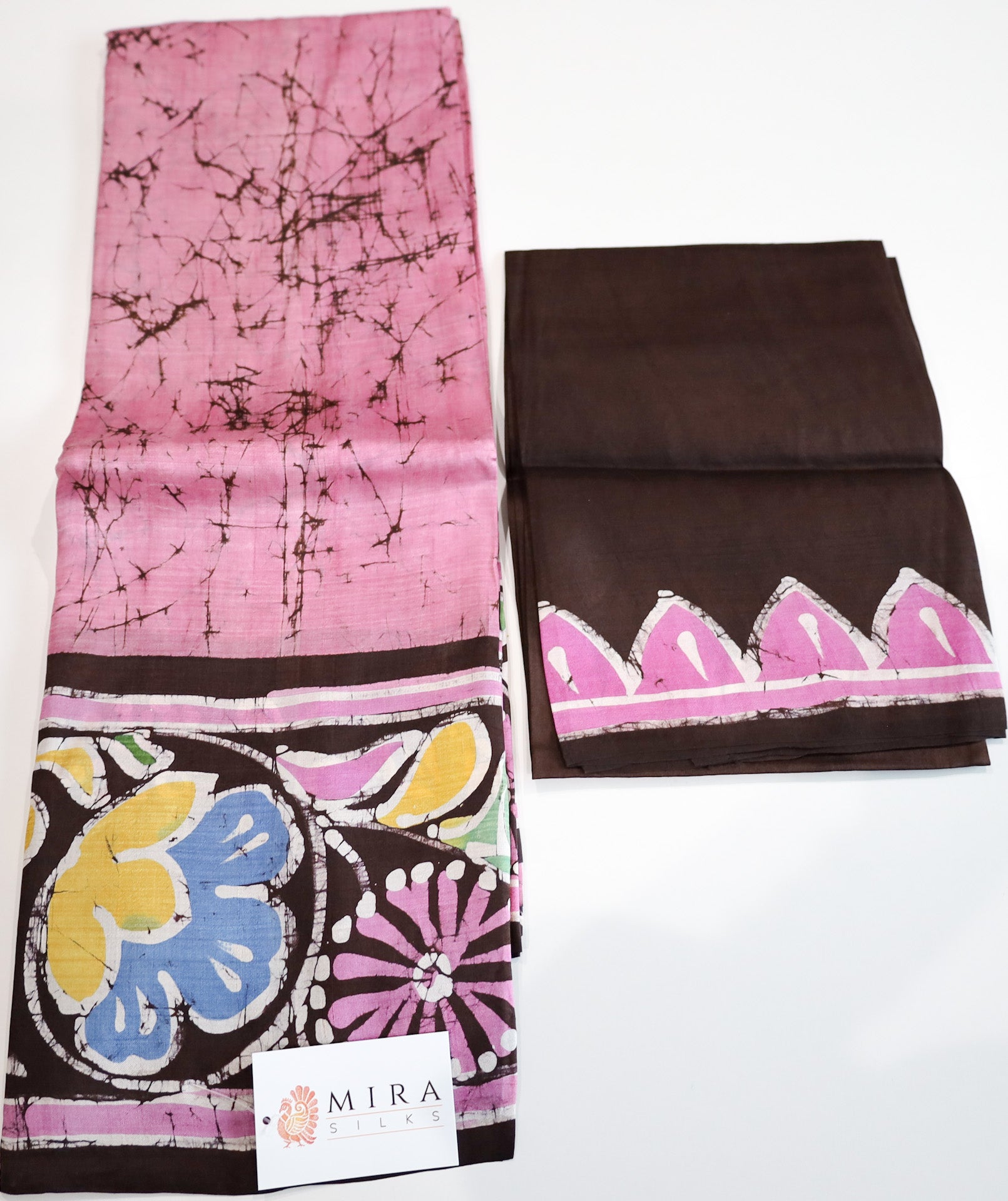 Light pink with Brown colorful wax print Bengal Silk Saree – MIRASILKS