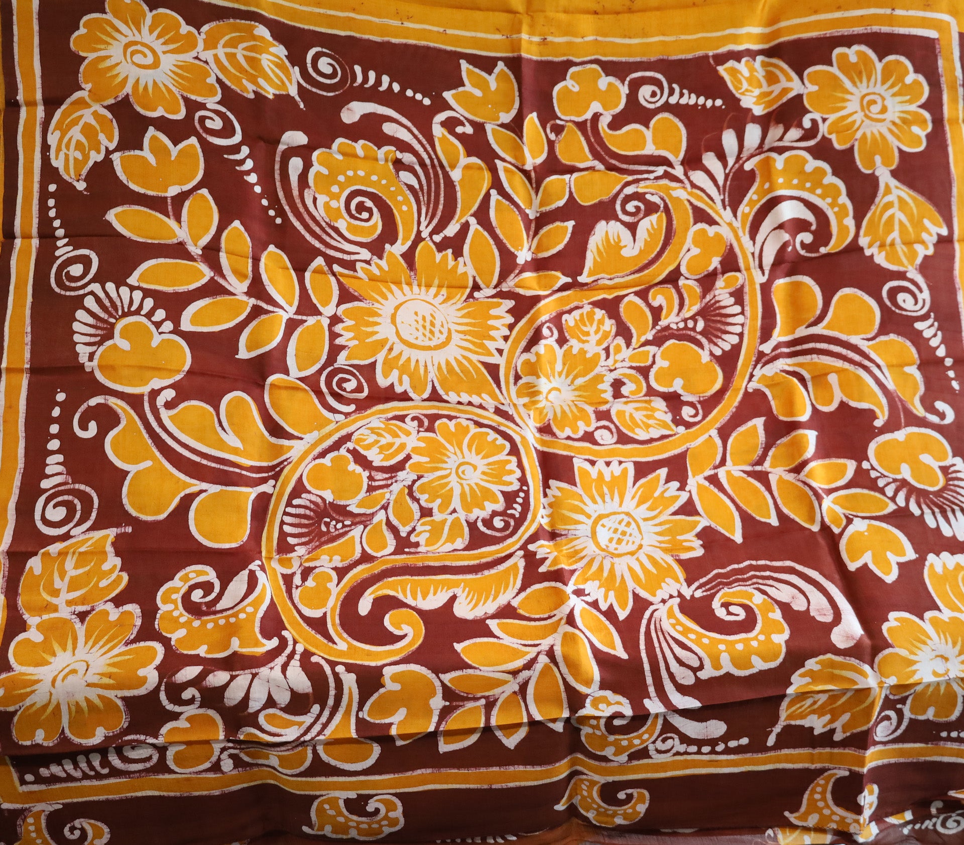 Mustard Yellow with Brown Color Floral Design Bengal Silk Saree