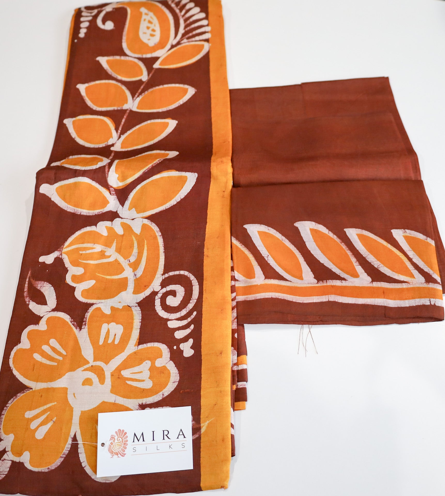 Mustard Yellow with Brown Color Floral Design Bengal Silk Saree